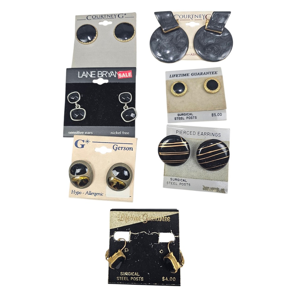 Vtg Earrings Lot 7 Pairs Courtney G Lane Bryant Gerson Black‎ Gold Retro Studs